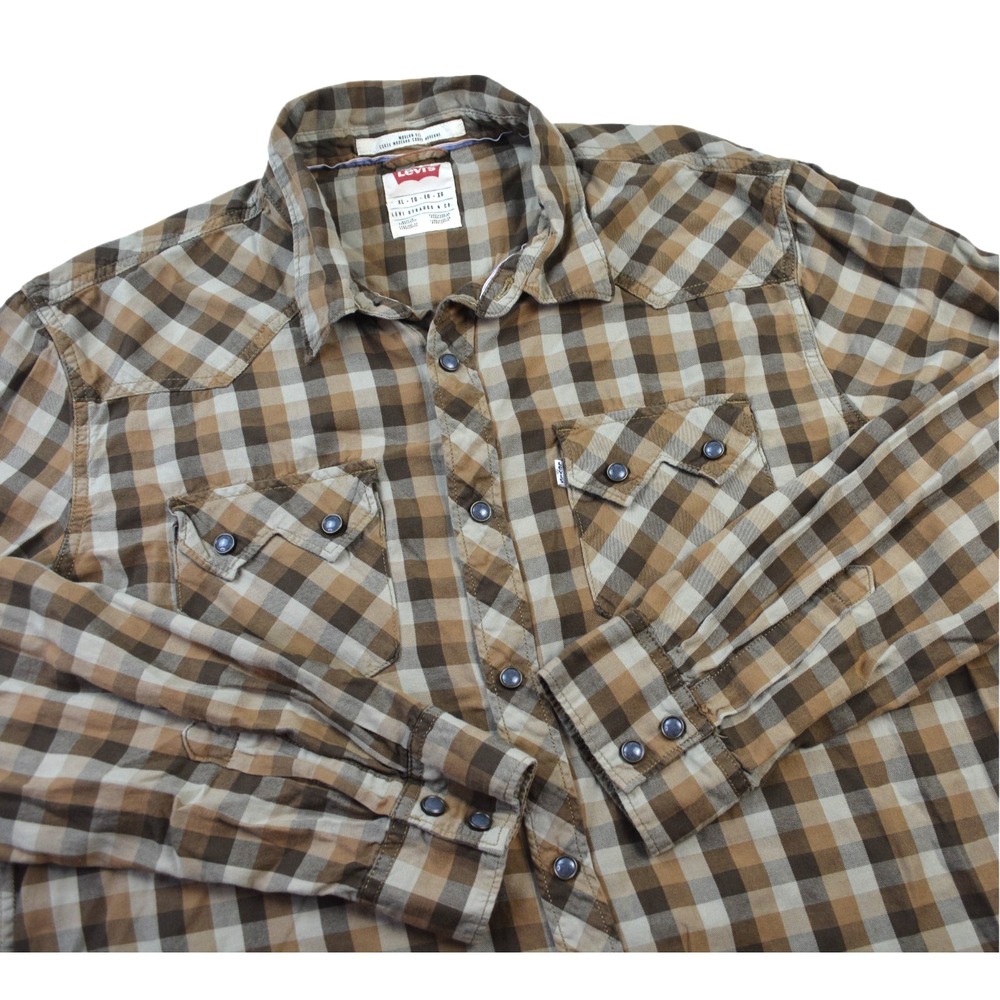 Levis Western Style Black Pearl Snap Modern Fit Plaid Shirt Pockets Woman's XL